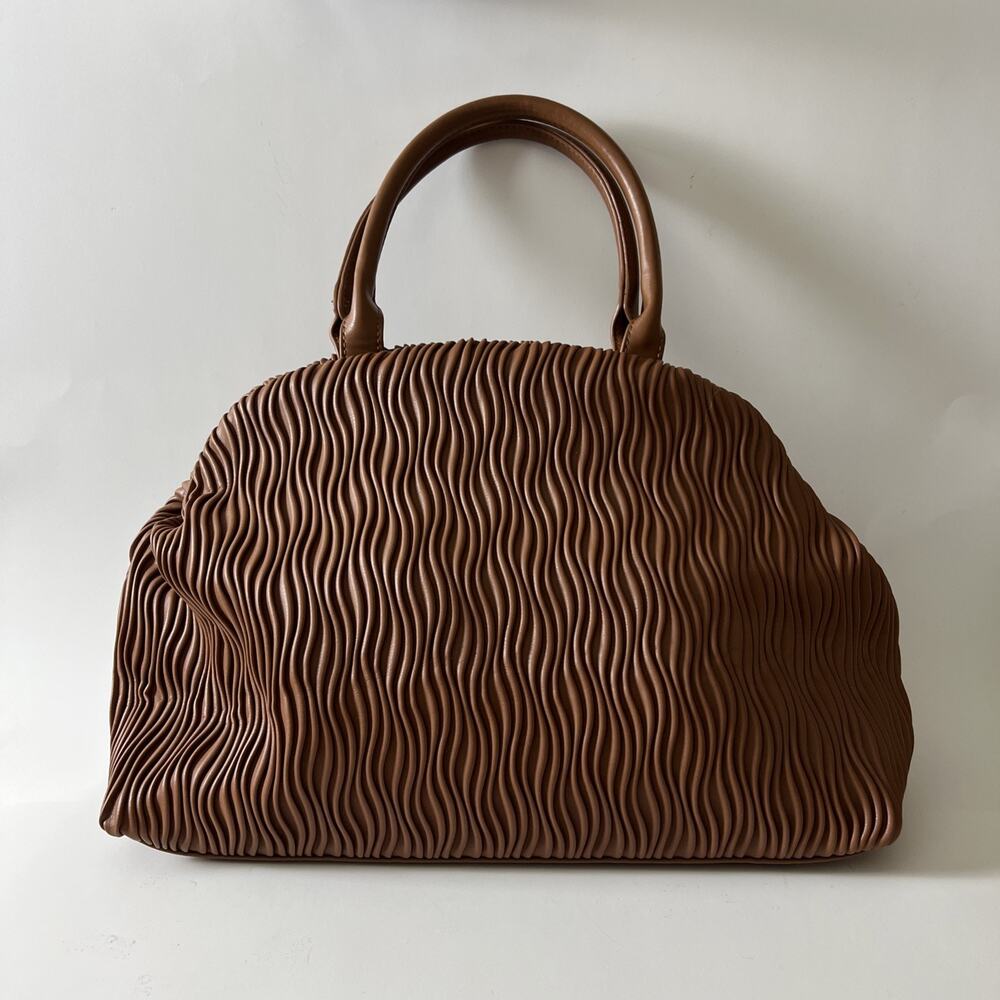 Cato Wavy Textured Satchel Bag - Tan with Leopard Lining